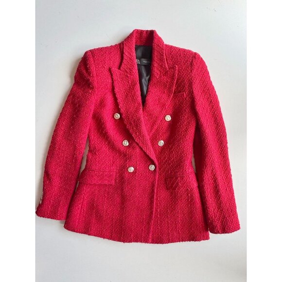 ZARA Red Boucle Tweed Double Breasted Kate Middleton Blazer Suit Jacket, Size XS - Picture 5 of 16